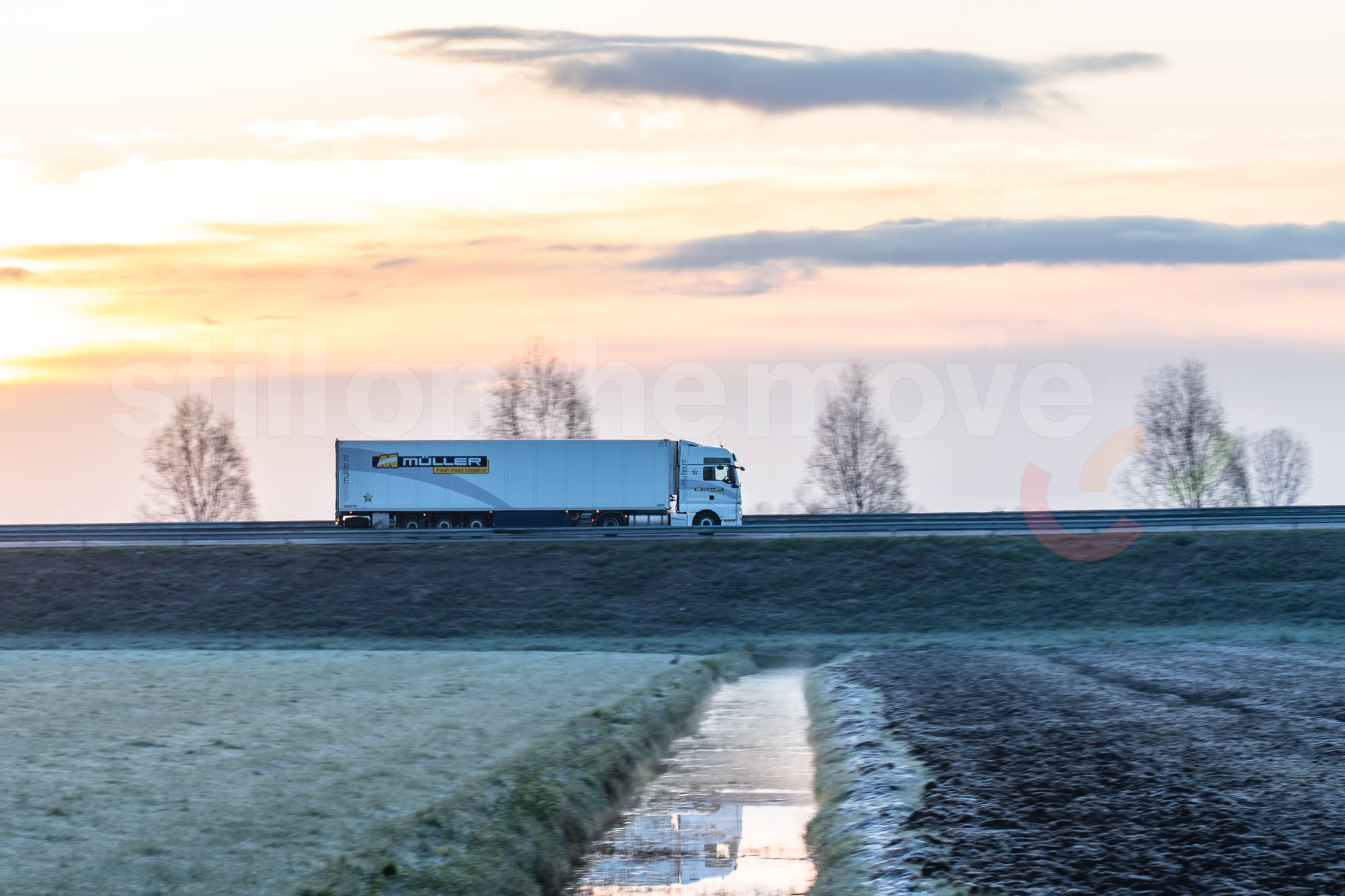 MAN trekker met oplegger koeltransport bij zonsopkomst